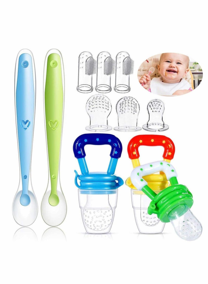 11 Pack Baby Food Feeder Set, Fruit Pacifier Fresh with 3 Sizes Silicone Pouches, Infant Teething Toy Includes Finger Toothbrushes and 2 Feeding Spoons - Image 1