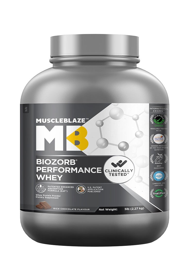 مسل بلايز بروتين مصل اللبن MuscleBlaze Biozorb Performance (الشوكولاتة الغنية، 5 رطل / 2.27 كجم)  - Image 1