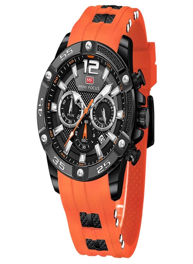 MF MINI FOCUS Men Watch, Chronograph Waterproof Sport Analog Quartz Watches Silicon Strap Fashion Wristwatch for Men, J-orange, 6.5 UK, fashion watches - Image 1