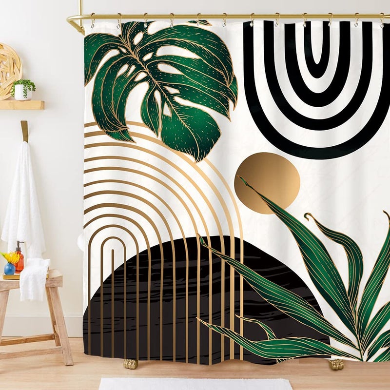 Miyotaa Abstract Emerald Green Shower Curtain Set 71Wx71H Inches Mid Century Modern Minimalist Tropical Leaves Geometric Contemporary Polyester Waterproof Bathroom Curtain with 12 Hooks - Image 1