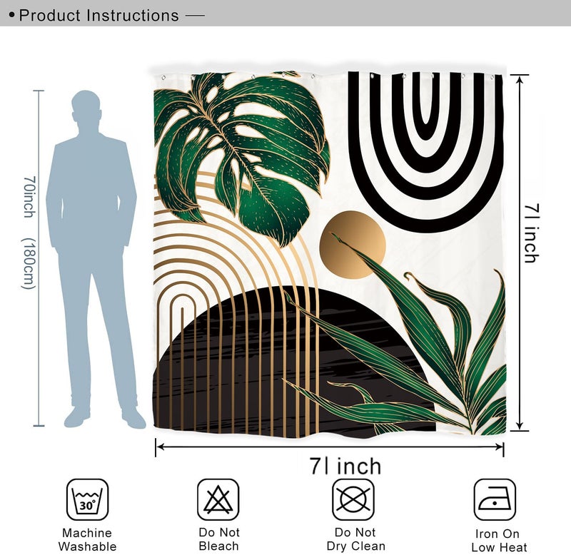 Miyotaa Abstract Emerald Green Shower Curtain Set 71Wx71H Inches Mid Century Modern Minimalist Tropical Leaves Geometric Contemporary Polyester Waterproof Bathroom Curtain with 12 Hooks - Image 3