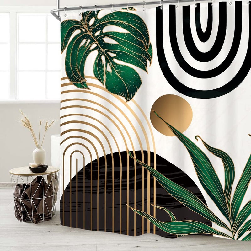 Miyotaa Abstract Emerald Green Shower Curtain Set 71Wx71H Inches Mid Century Modern Minimalist Tropical Leaves Geometric Contemporary Polyester Waterproof Bathroom Curtain with 12 Hooks - Image 5