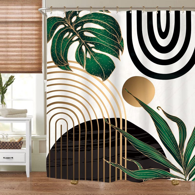 Miyotaa Abstract Emerald Green Shower Curtain Set 71Wx71H Inches Mid Century Modern Minimalist Tropical Leaves Geometric Contemporary Polyester Waterproof Bathroom Curtain with 12 Hooks - Image 2