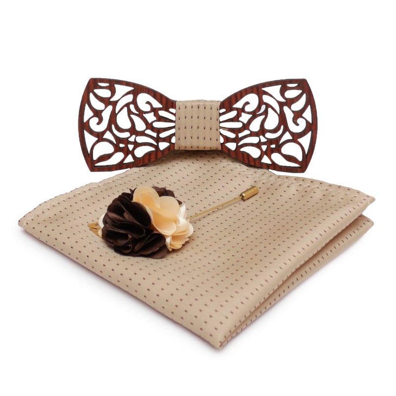 MENSOME Men's Wood Bow Tie with Pocket Square & Flower Brooch - Pack of 3 (Mnsm-Wbpslpl34, Brown) - Image 5