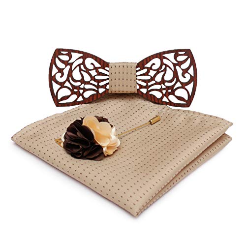 MENSOME Men's Wood Bow Tie with Pocket Square & Flower Brooch - Pack of 3 (Mnsm-Wbpslpl34, Brown) - Image 1