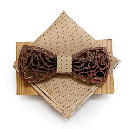 MENSOME Men's Wood Bow Tie with Pocket Square & Flower Brooch - Pack of 3 (Mnsm-Wbpslpl34, Brown) - Image 2
