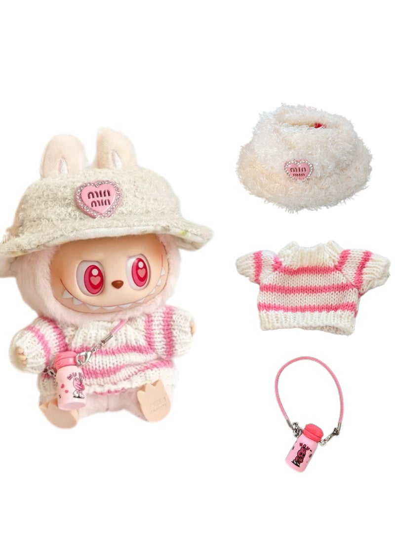 CUNUUDOOL Luxury Chic Clothes Set & Outfit Set For 17cm Dolls, Labubu Clothes ,Include:Plush Hat,Striped Knitwear, Water Bottle Pendant Accessories.Interchangeable Clothing For 1/2/3, Generation. - Image 1