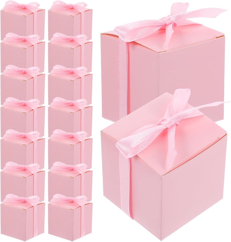 HAKIDZEL Kraft Paper Candy Boxes 50pcs Small Square Paper Candy Wrapping Boxes with Pink Ribbon for Party Favors Wedding and Birthday Packaging - Image 1