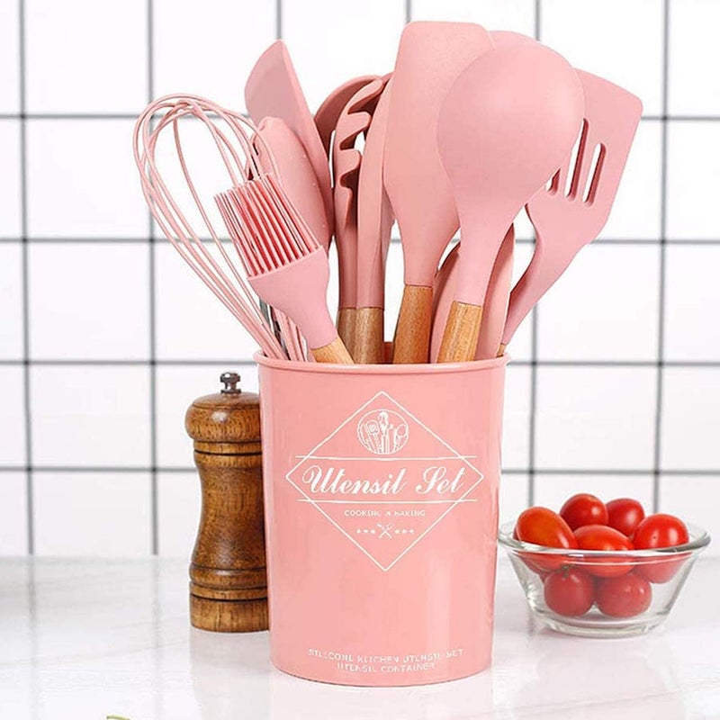 KEIDASON 12 Pcs Silicone Cooking Utensils Kitchen Utensil Set - Wooden Handles Cooking Tools Turner Tongs Spatulas Spoon for nonstick Cookware with Bamboo Holder (Pink) - Image 3