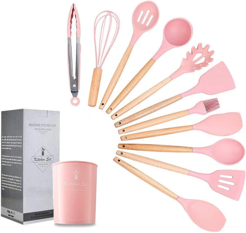 KEIDASON 12 Pcs Silicone Cooking Utensils Kitchen Utensil Set - Wooden Handles Cooking Tools Turner Tongs Spatulas Spoon for nonstick Cookware with Bamboo Holder (Pink) - Image 1