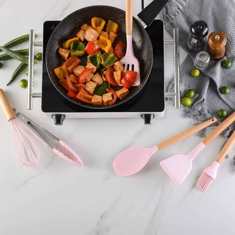 KEIDASON 12 Pcs Silicone Cooking Utensils Kitchen Utensil Set - Wooden Handles Cooking Tools Turner Tongs Spatulas Spoon for nonstick Cookware with Bamboo Holder (Pink) - Image 4