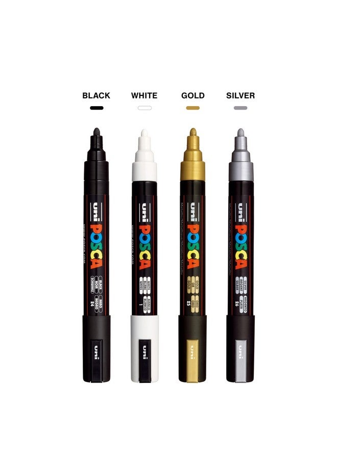 posca Markers Set, 4 Medium Paint Markers 5M - Mono Tones - Black, White, Gold, Silver - Image 3