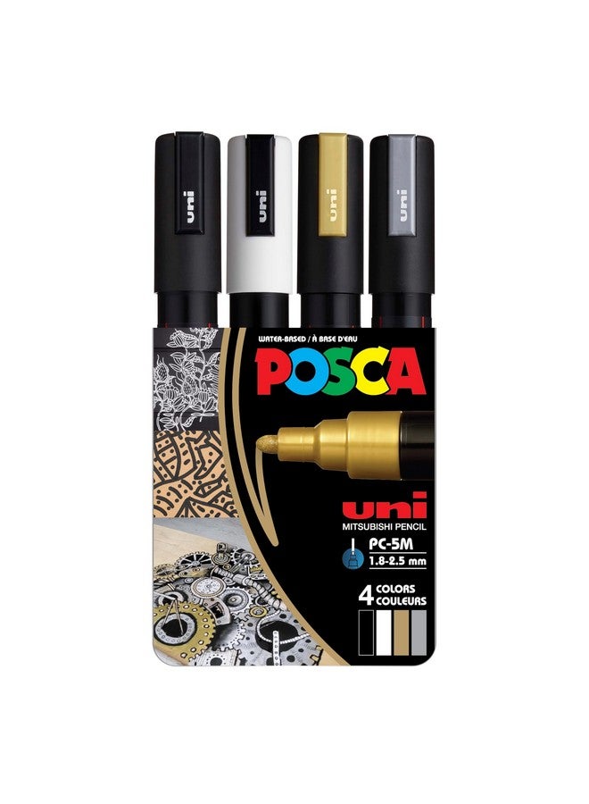 posca Markers Set, 4 Medium Paint Markers 5M - Mono Tones - Black, White, Gold, Silver - Image 1