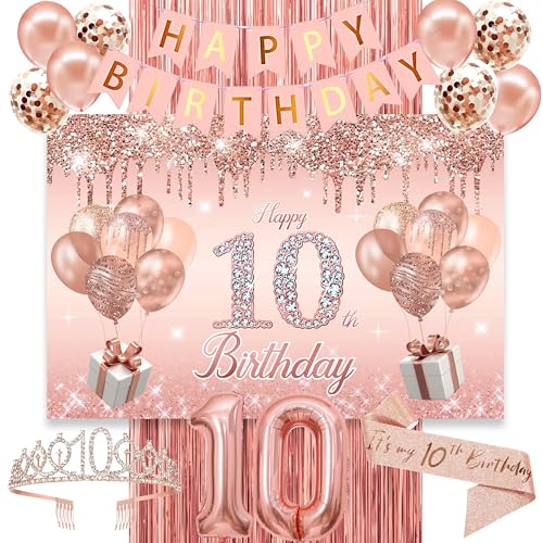 jenlion 10th Birthday Decorations for GirlsBannerBackdrop its my 10th Birthday Sash Sweet Rhinestone Tiara CrownBalloons - Image 1