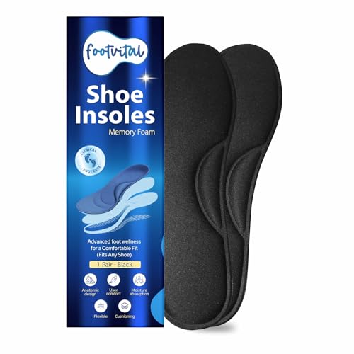 Footvital Memory Foam Shoe Insoles for Men and Women | Soft Cushioned Inserts for Long Standing and Walking | Supports Heel and Arch | Shock Absorbing | Moisture Absorbing | Lightweight Washable Insoles for All Shoes | 1 Pair | Black | Size 8 - Image 1