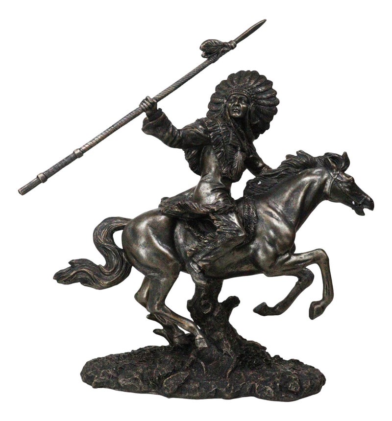 Ebros Tribal Native American Indian Chief Warrior With Trailer War Bonnet Eagle Headdress Charging On Horse Throwing Spear Statue 1225 Tall Indians Figurines And Statues Cultural Heritage Home Decor