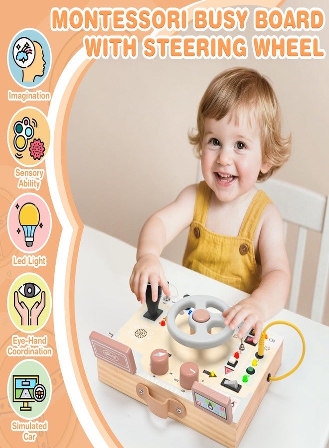 Joyreal Montessori Toddler Busy Board - Montessori Toys for 1 2 3 Years Old, Wooden Sensory Board with LED Lights, Steering Wheel, Music Player, Travel Toys for 1+ Year Old Boy & Girl Birthday Gift - Image 4