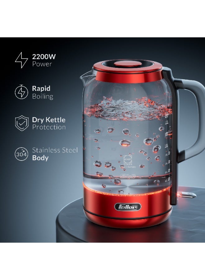 Feller Germany EK730 Electric Kettle, 1.7L German Schott Glass, 2200W Fast Boil, Strix Control, BPA Free (Red) - Image 2