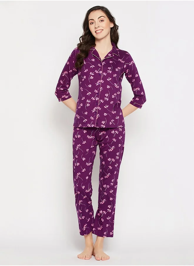 كلوفيا Clovia Pretty Florals Button Down Shirt & Pyjama Set in Wine Colour - 100% Cotton