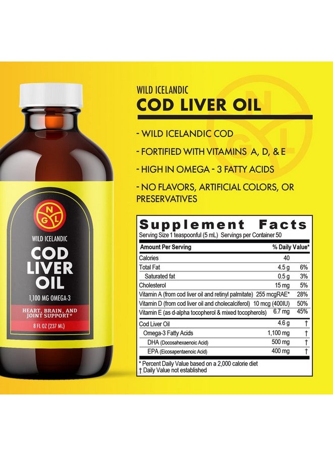 NGL - Pure Cod Liver Oil Wild Icelandic 1100 Mg Omega3 + Natural Vitamin A & D Heart And Brain Health Joint Support 8 Fl Oz - Image 1