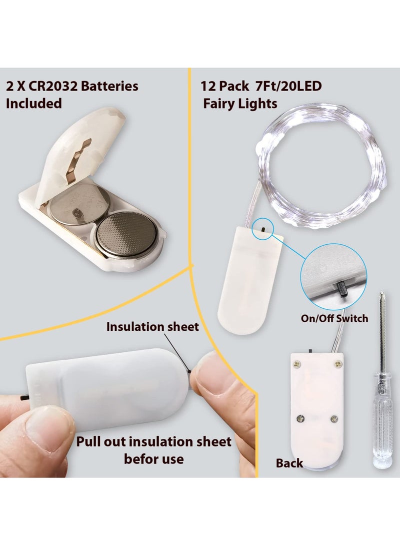 سيوسي 12 قطعة من الأضواء الجانبية البيضاء بتقنية LED تعمل بالبطارية، سلك بطول 7 أقدام مع 20 مصباح LED صغير، مضادة للماء وتضئ كأضواء الدبابيس، مثالية لجرة ميسون، حفلات الزفاف الحديثة، الحفلات، غرف النوم، الف - Image 3