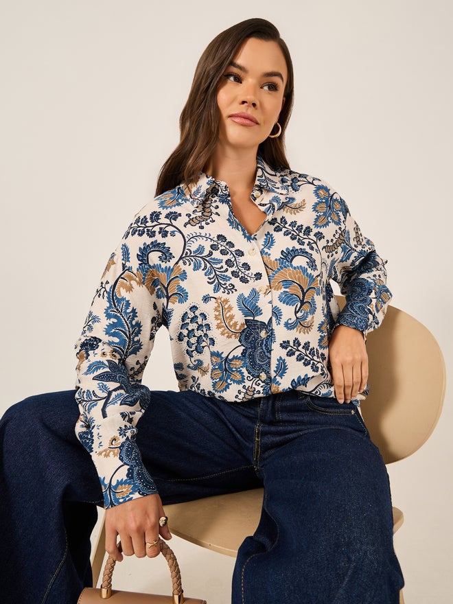 ستايلي قميص بياقة عريضة بطبعة بيزلي فضفاض - Image 1