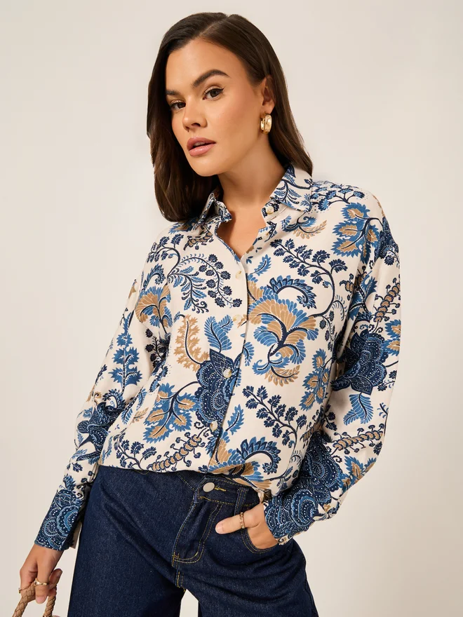 Styli Styli Oversized Paisley Print Spread Collar Shirt