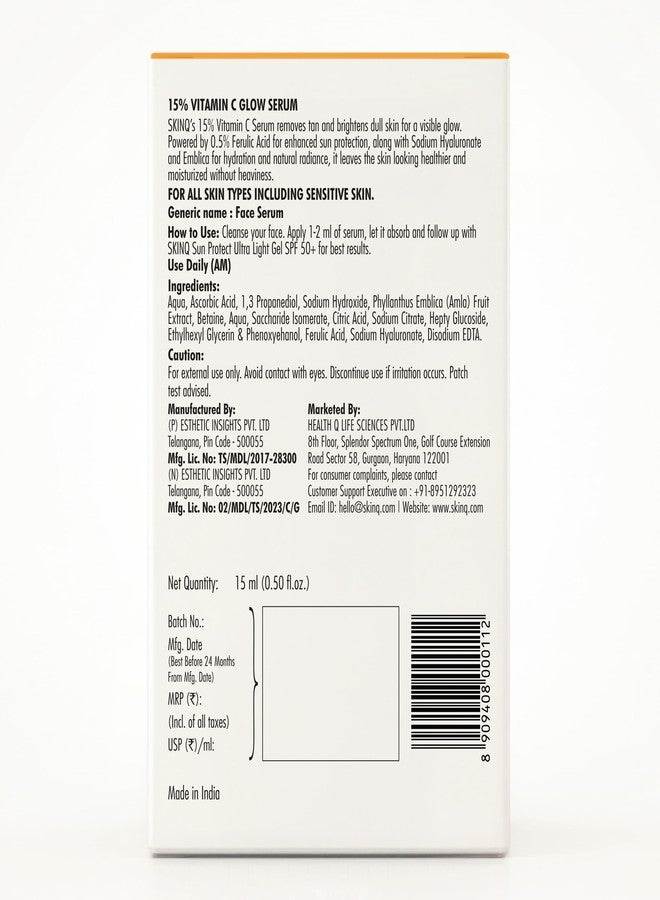 SKINQ 15% Vitamin C Glow Serum with L Ascorbic Acid, Ferulic Acid & Sodium Hyaluronate | Reduces Tan & Brightens Skin | Lightweight, Non-Sticky | For All Skin Types | In-Vivo Tested I Derma Formulated | 15ml - Image 3