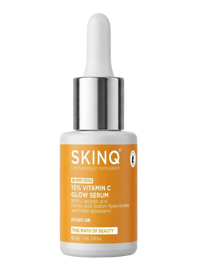 SKINQ 15% Vitamin C Glow Serum with L Ascorbic Acid, Ferulic Acid & Sodium Hyaluronate | Reduces Tan & Brightens Skin | Lightweight, Non-Sticky | For All Skin Types | In-Vivo Tested I Derma Formulated | 15ml - Image 1
