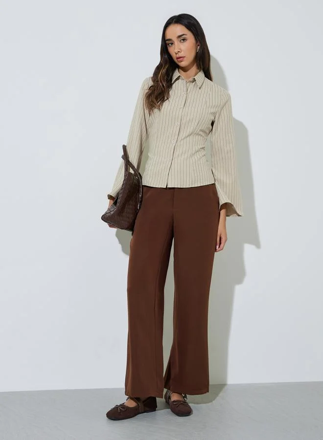 ستايلي Beige Striped Bell Sleeve Fitted Shirt