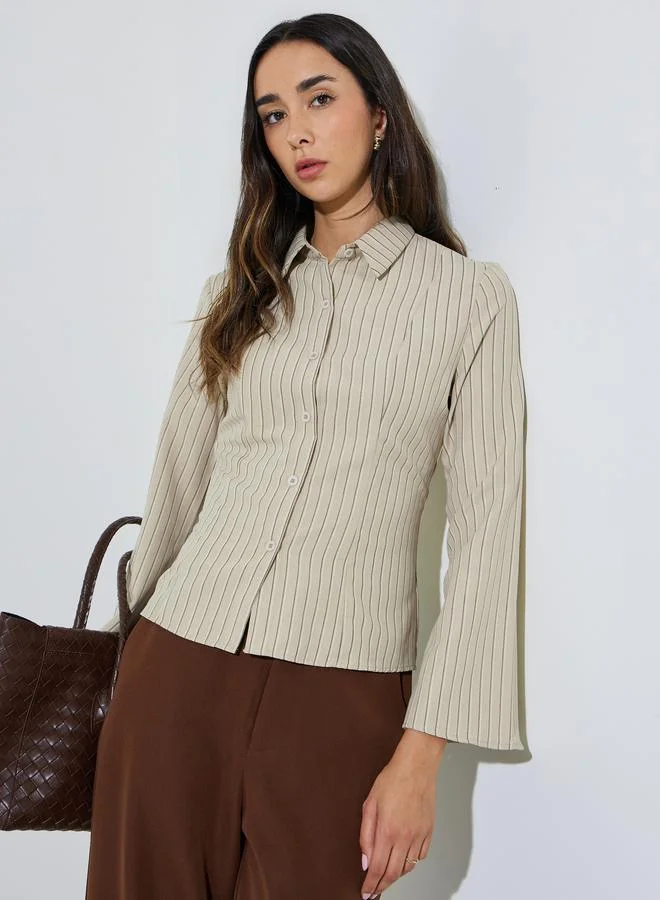 ستايلي Beige Striped Bell Sleeve Fitted Shirt