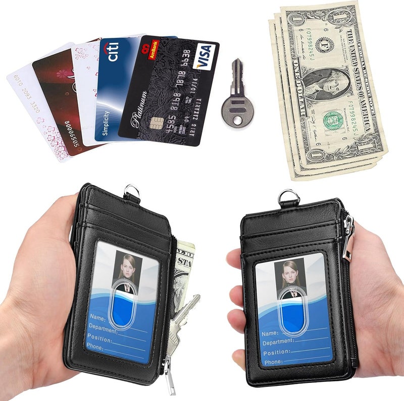اي ال في حامل شارة بسحاب، محفظة بطاقة هوية من جلد PU مع 5 فتحات للبطاقات، جيب مانع لتقنية RFID وحزام رقبة قابل للفصل بطول 20 بوصة للمكاتب والمدرسة ورخصة القيادة (أسود) - Image 2