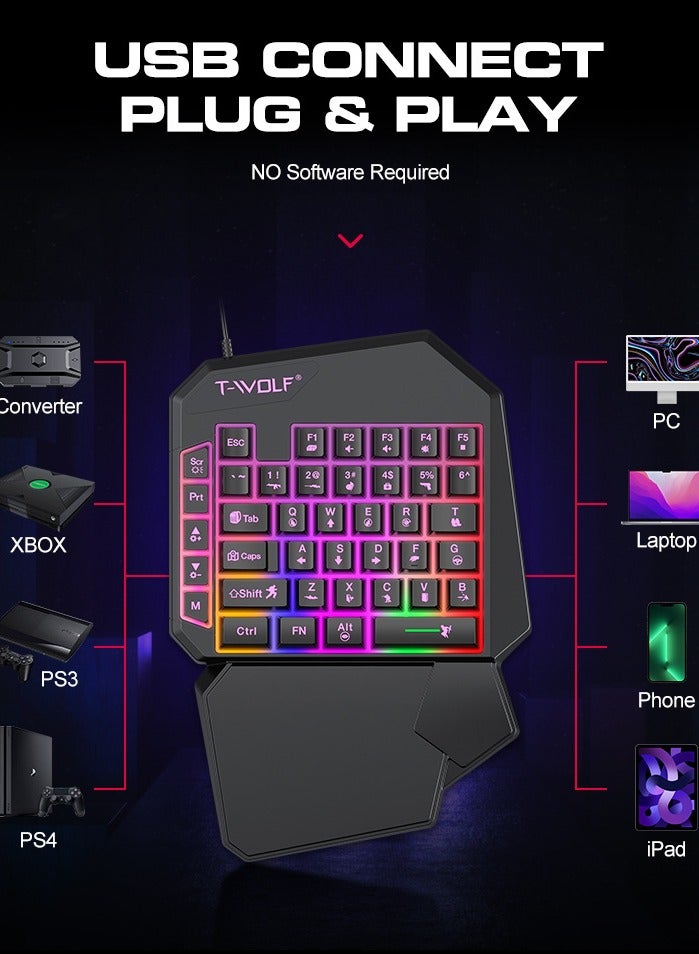 تي- وولف Single-Hand Gaming Keyboard, 40 Keys Ultral Compact Wired Keyboard, RGB Light, Easy to Carry on Trip, For PS3/PS4/XBOX/PC Gamer etc. - Image 4