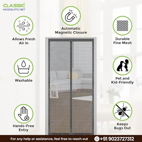 Classic Mosquito Net for Door Fiberglass Magnetic Curtain Auto Closing Insect Screen for All Door Types with Self Adhesive Hook Tape (205X100cms, Grey) - Image 4