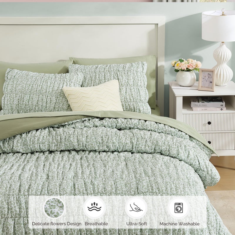 BLOOMHAVEN Queen Comforter Set-7 Pieces Sage Green Classic Puff Floral Bedding Sets for All Seasons,Shabby Chic Farmhouse Bed in a Bag Queen with Wildflowers Comforter,Sheets, Pillowcases & Shams - Image 3