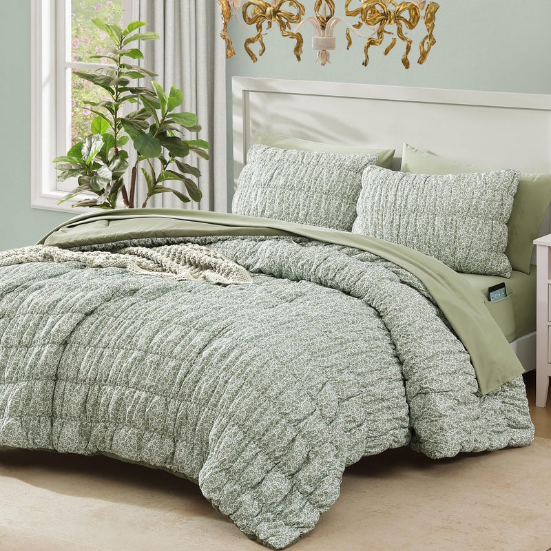 BLOOMHAVEN Queen Comforter Set-7 Pieces Sage Green Classic Puff Floral Bedding Sets for All Seasons,Shabby Chic Farmhouse Bed in a Bag Queen with Wildflowers Comforter,Sheets, Pillowcases & Shams - Image 1