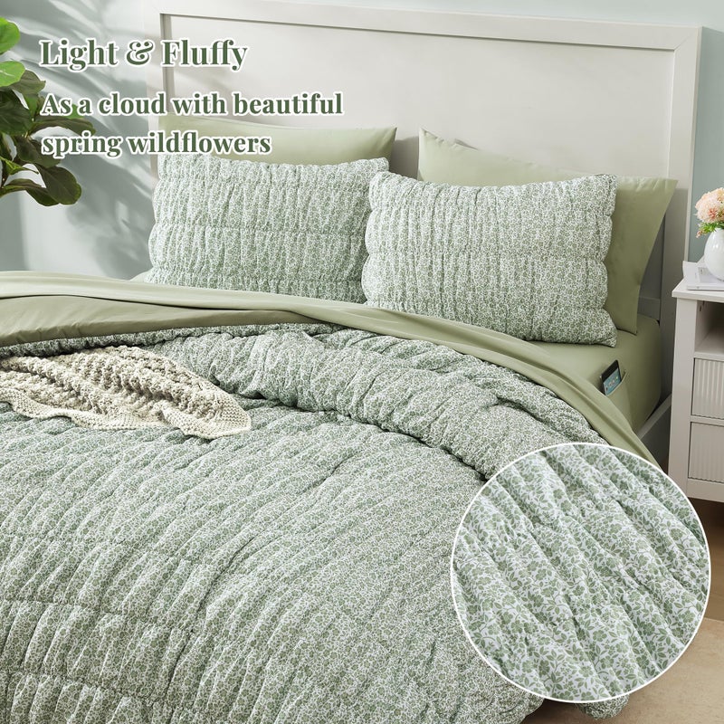 BLOOMHAVEN Queen Comforter Set-7 Pieces Sage Green Classic Puff Floral Bedding Sets for All Seasons,Shabby Chic Farmhouse Bed in a Bag Queen with Wildflowers Comforter,Sheets, Pillowcases & Shams - Image 5