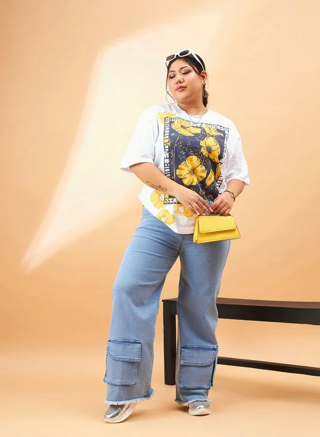 ساسافراس تيشيرت بطبعة زهور بكتف ساقط