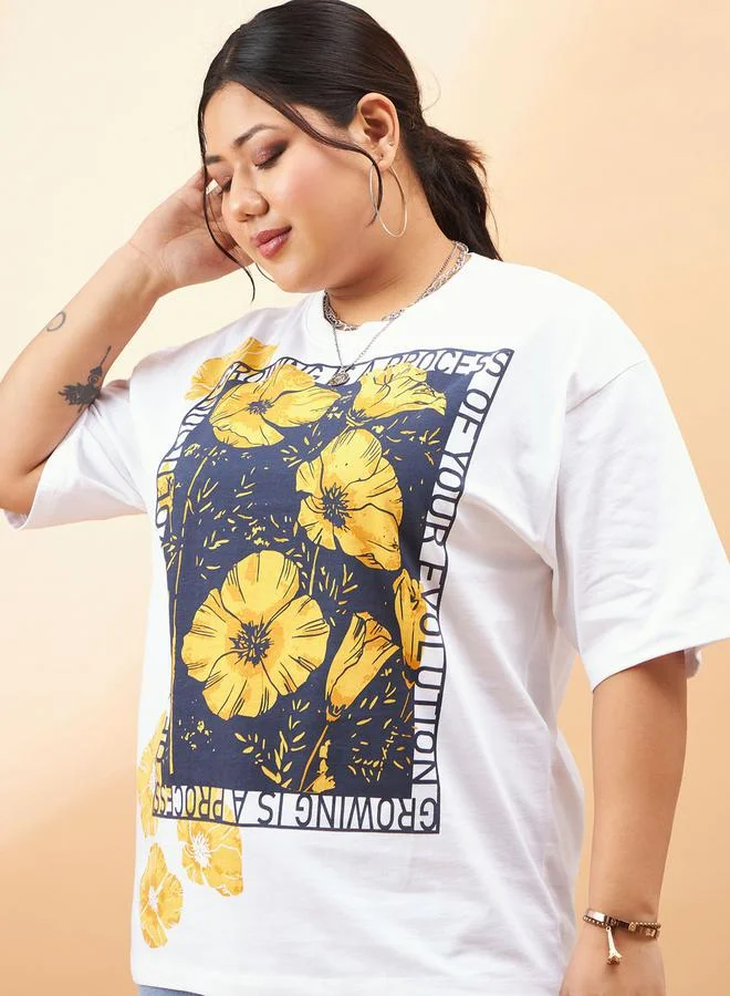 ساسافراس Plus Floral Graphic Print Drop Shoulder T-Shirt by Styli