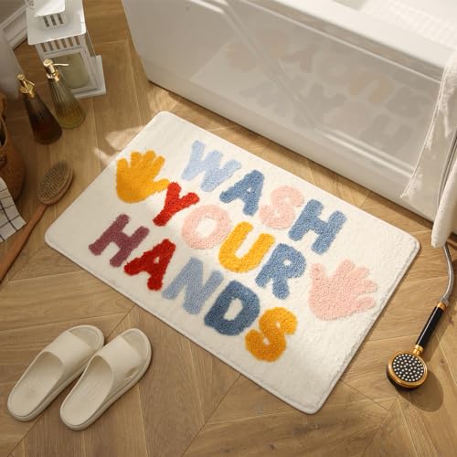 DBJOY Kids Bath Rugs Microfiber Bathroom Non-Slip Mat Washable Cute Bath Mat for Kids Modern Absorbent Funny Letters (Wash Hands, 20"x32") - Image 1