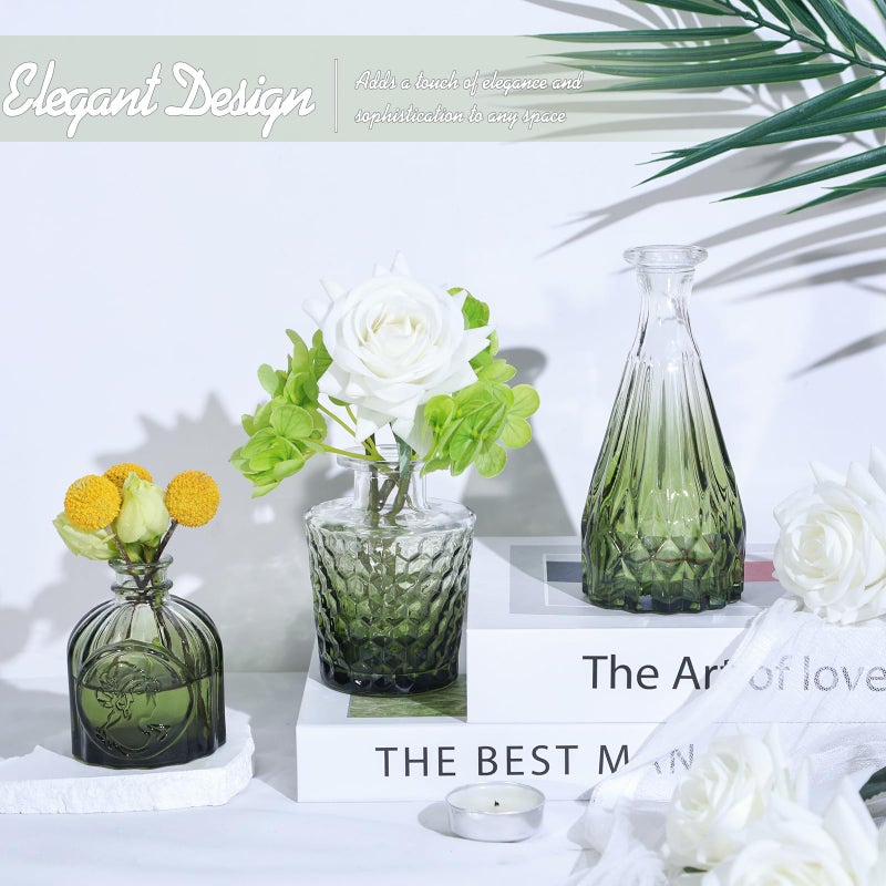 TBWIND Glass Bud Vase Set of 5, Small Green Flower Vases for Centerpieces in Bulk, Mini Vintage Vase for Wedding Decor, Single Flowers, and Home Table DÃ©cor - Image 4