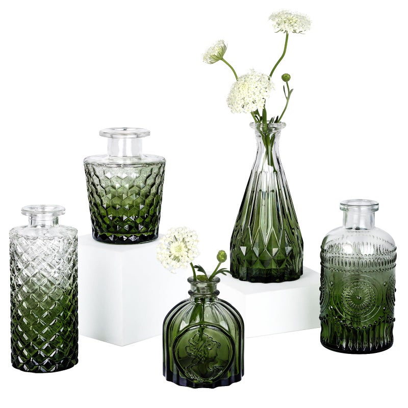 TBWIND Glass Bud Vase Set of 5, Small Green Flower Vases for Centerpieces in Bulk, Mini Vintage Vase for Wedding Decor, Single Flowers, and Home Table DÃ©cor - Image 1