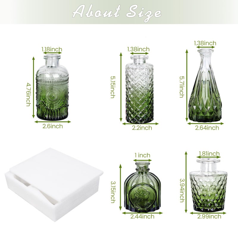 TBWIND Glass Bud Vase Set of 5, Small Green Flower Vases for Centerpieces in Bulk, Mini Vintage Vase for Wedding Decor, Single Flowers, and Home Table DÃ©cor - Image 3