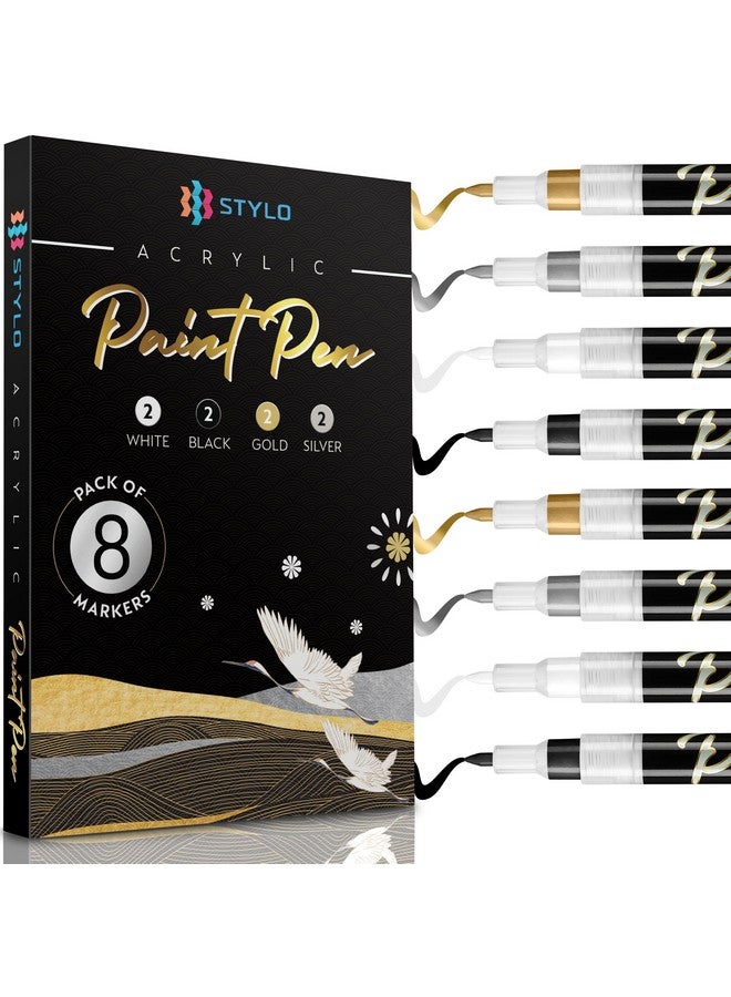 Stylo 8 Count Acrylic Metallic Pens White Black Gold And Silver Fine Tip Permanent Acrylic Metallic Paint Pens For Glass Wood Back To School Supplies Ideal For Arts And Crafts (8 Multicolor) - Image 1