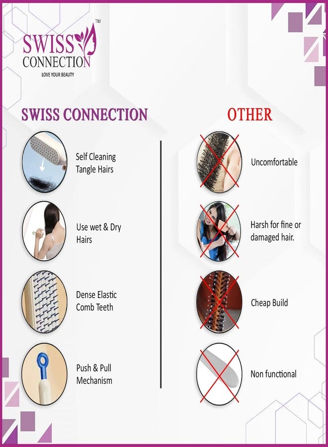 Swiss Connection فرشاة شعر سويس كونكشن ذاتية التنظيف لفك تشابك الشعر وتصفيفه بسهولة، مشط تدليك للشعر بتقنية مضادة للكهرباء الساكنة، مشط قابل للسحب دوار ذاتي التنظيف، أداة تصفيف شعر نسائية (متعددة الألوان) - Image 5