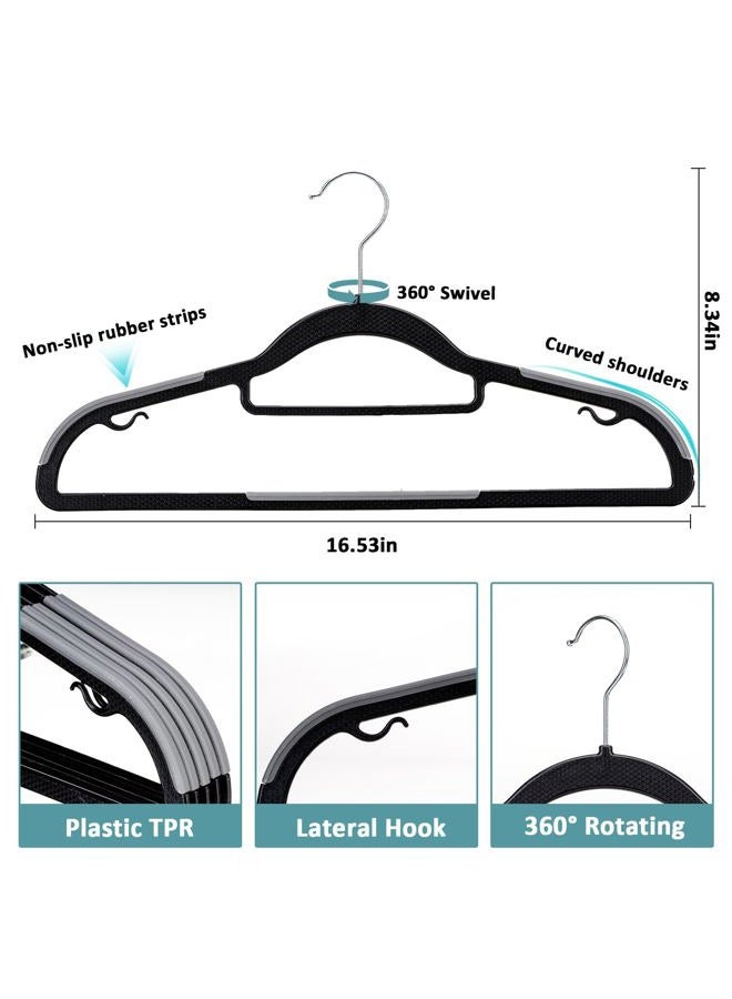 Tonswachic Coat Hangers 50 Pack, Heavy Duty Plastic Hangers for Clothes, Non-Slip Space Saving Clothes Hangers for Shirts Sweaters Pants - 0.2'' Thick 16.5'' Wide 360° Swivel Hook, Black and Dark Gray - Image 2