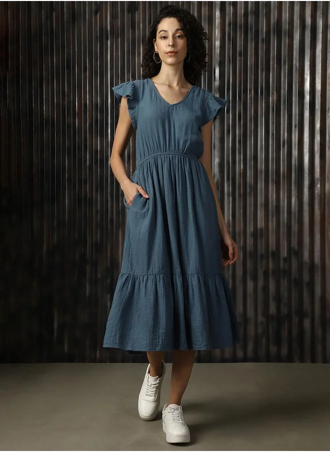 HIGH STAR Women V-Neck Pure Cotton A-Line Midi Fit & Flare Textured Cotton Dress
