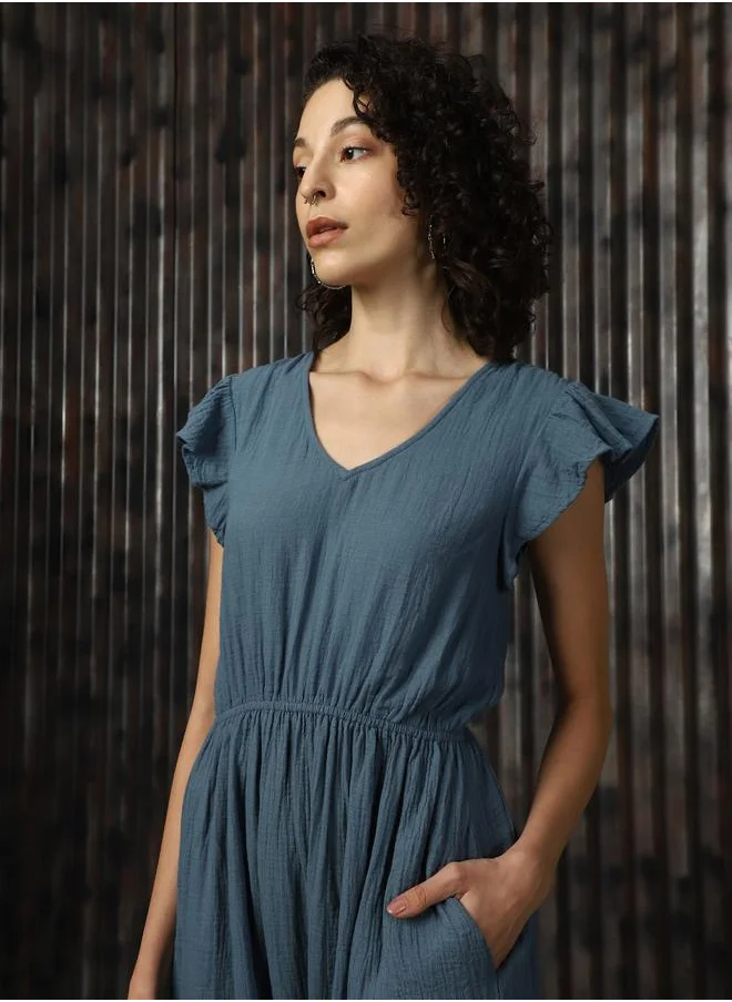 HIGH STAR Women V-Neck Pure Cotton A-Line Midi Fit & Flare Textured Cotton Dress