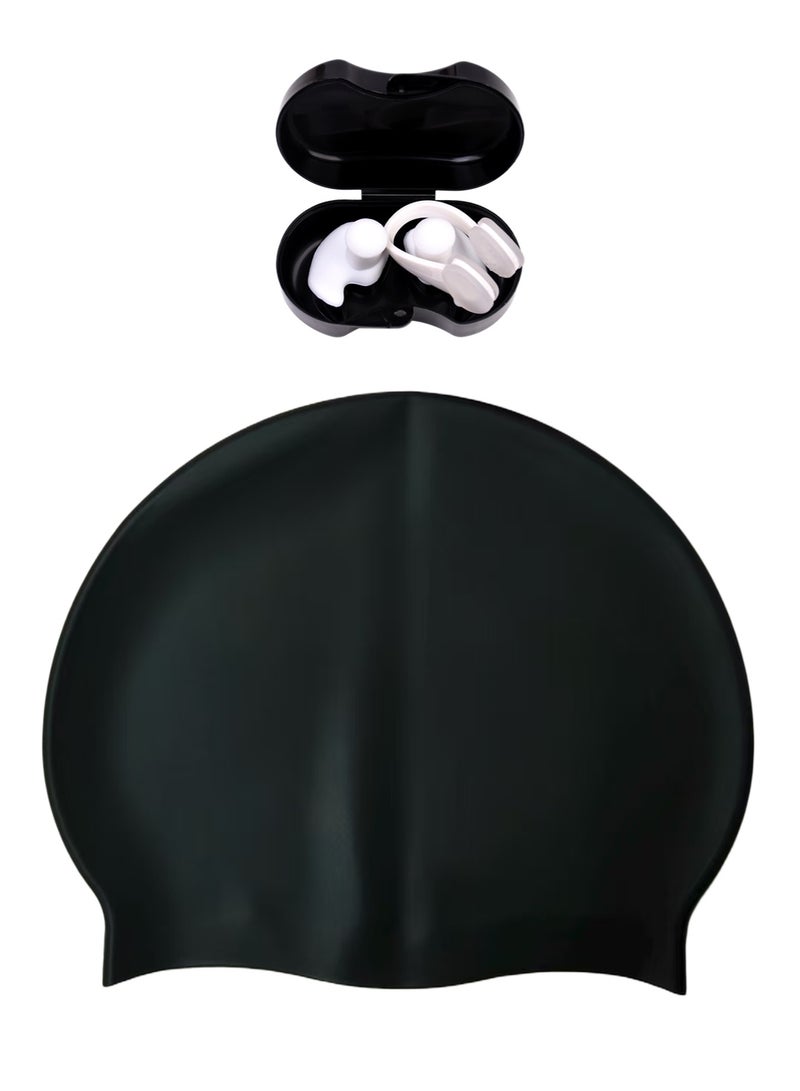 EastChoix 55g Silicone Swim Cap for Adults - Black with White Nose Clip & Earplugs Set, Waterproof Non-Slip Swimming Cap Keep Hair Dry - Image 1