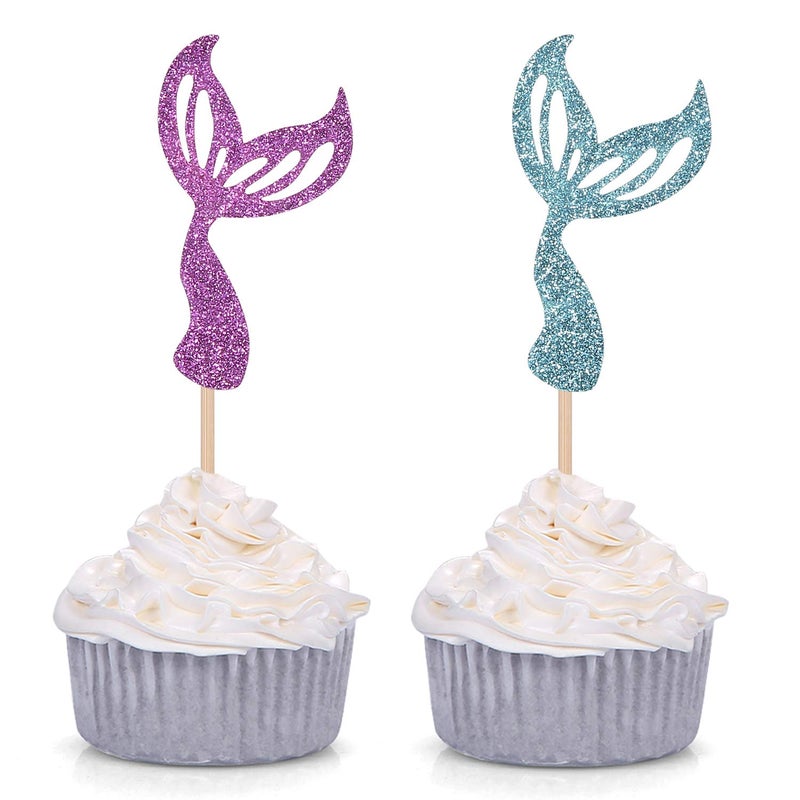 Set of 24 Glitter Purple/Blue Mermaid Tail Cupcake Toppers Kids Theme Party Decor - by Giuffi